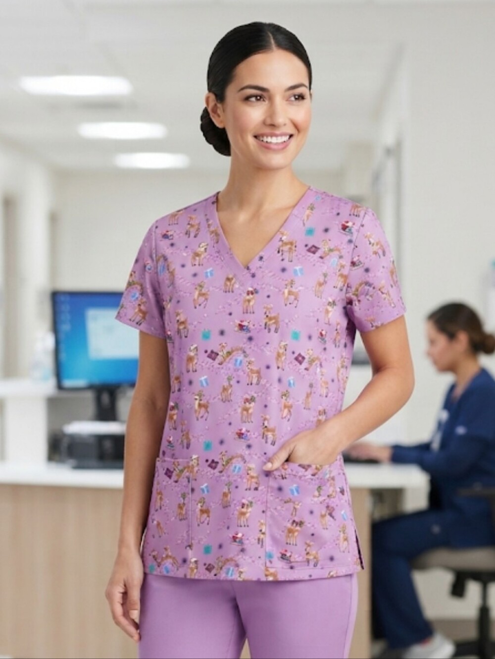 Green Town Whimsical Santa's Reindeer Party 3-Pocket Stretch V-Neck Scrub Top Lg
